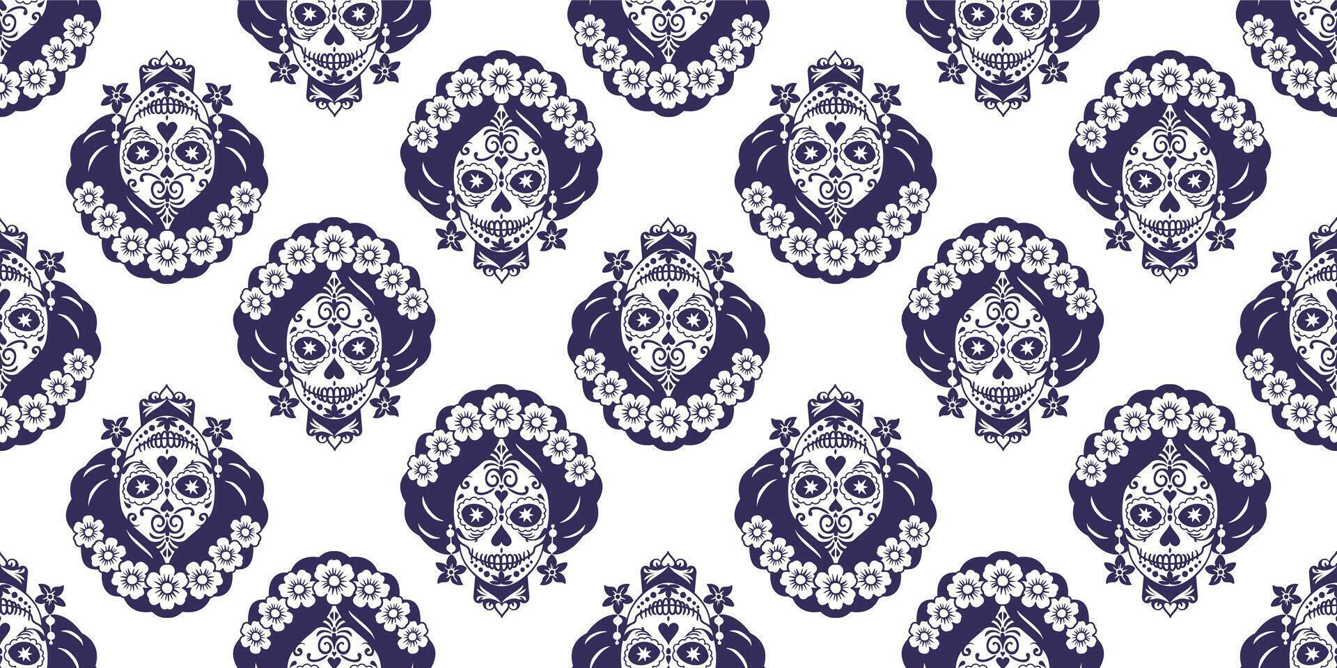 seamless pattern with sugar skulls. Catrina head. Mexican Day of the Dead. Blue and white vector