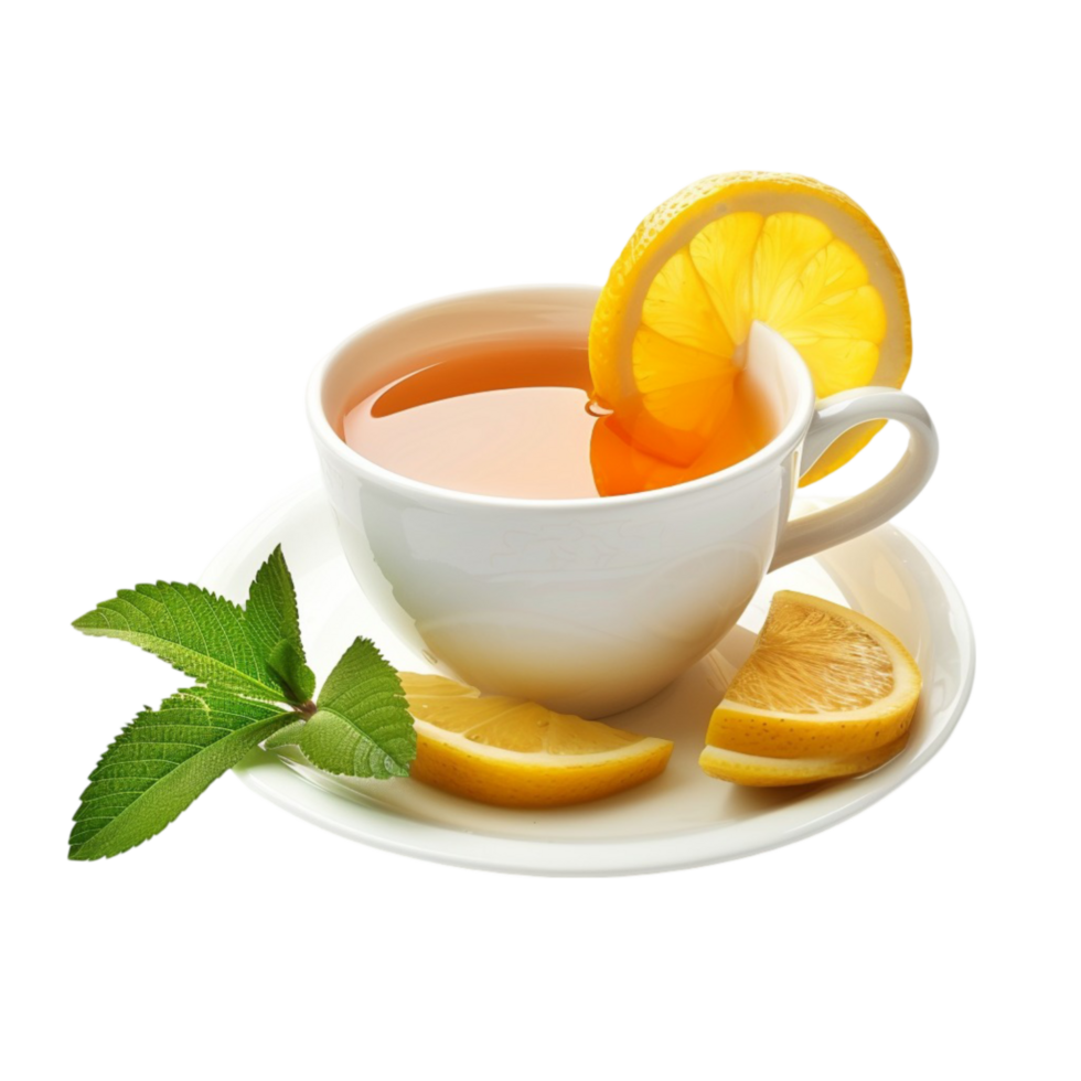 Cup of Tea with Lemon Slices on White Plate and Sprig of Mint on Transparent background AI-Generative png
