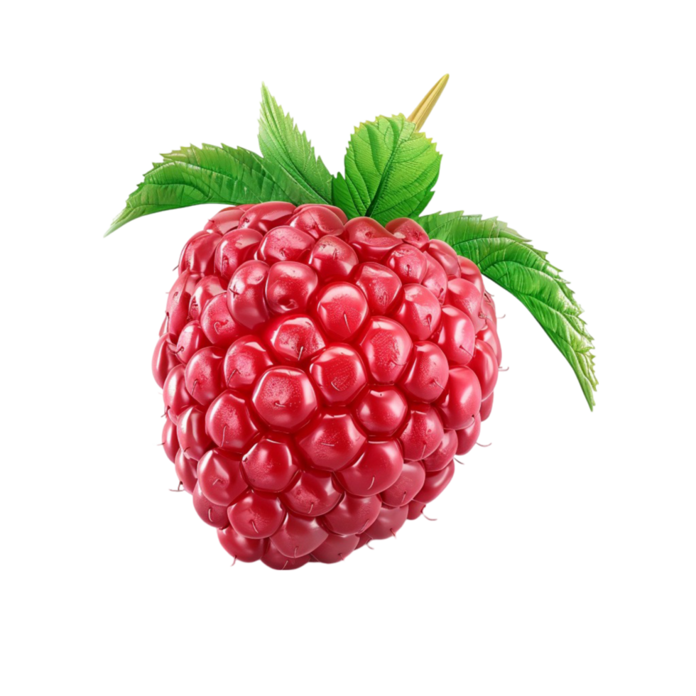 Red Raspberry with Green Leaf and Glossy Surface on Transparent background AI-Generative png