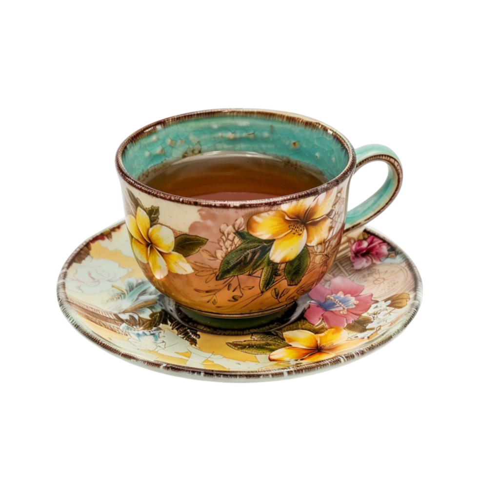 Floral Teacup on Saucer Filled with Brown Tea on Transparent background AI-Generative png