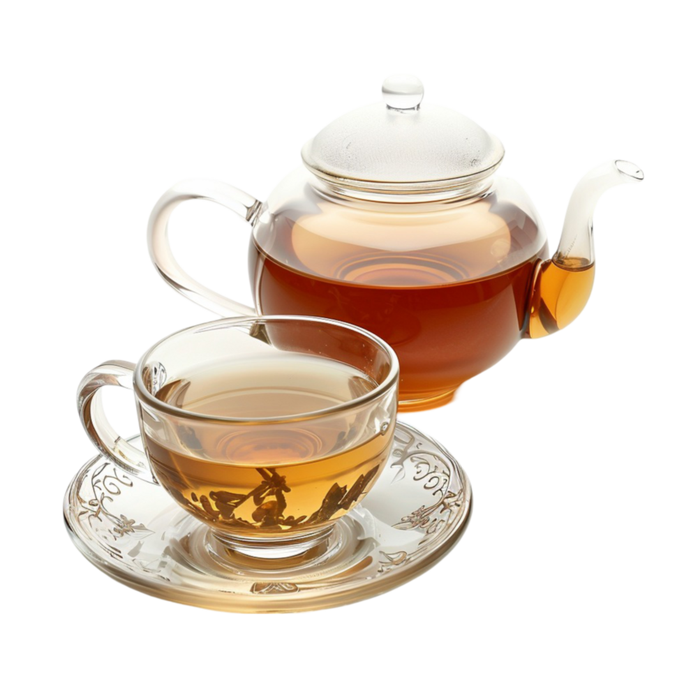 Clear Glass Teapot with Lid, Handle, and Spout Filled with Tea on Transparent background AI-Generative png