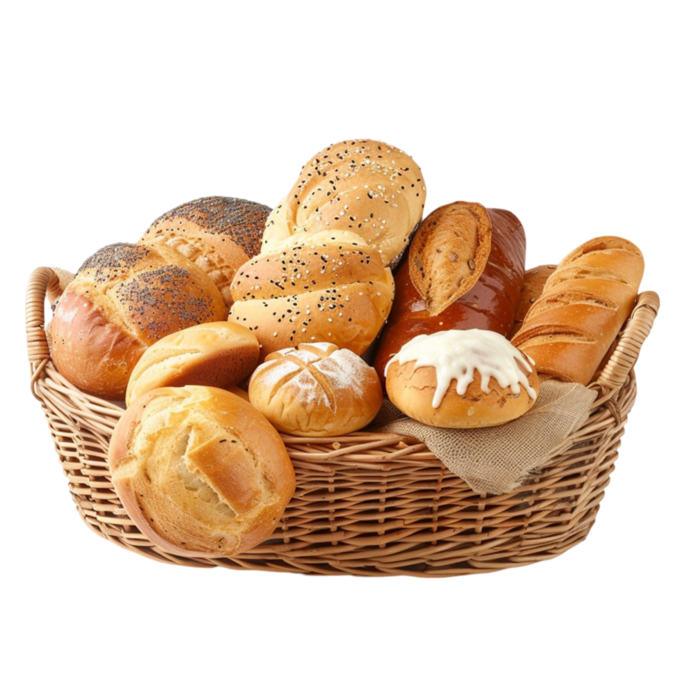 intrecciata cestino pieno con varietà di pane su trasparente sfondo ai-generativo png