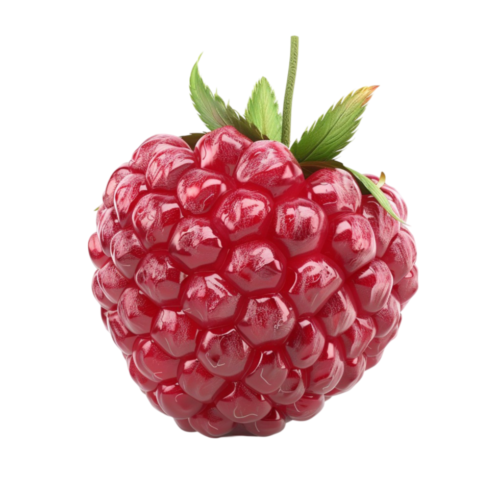 Shiny Red Raspberry with Green Stem Floating on Transparent background AI-Generative png