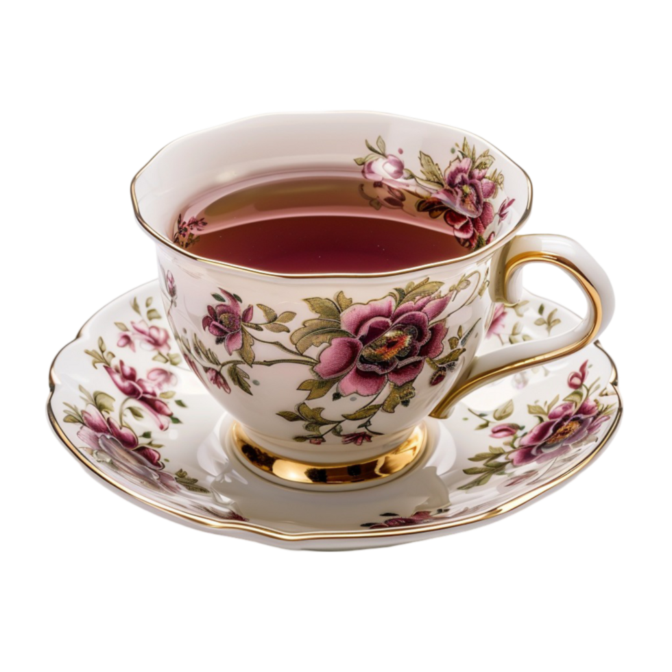 Teacup with Floral Pattern and Gold Handle Filled with Tea on Transparent background AI-Generative png