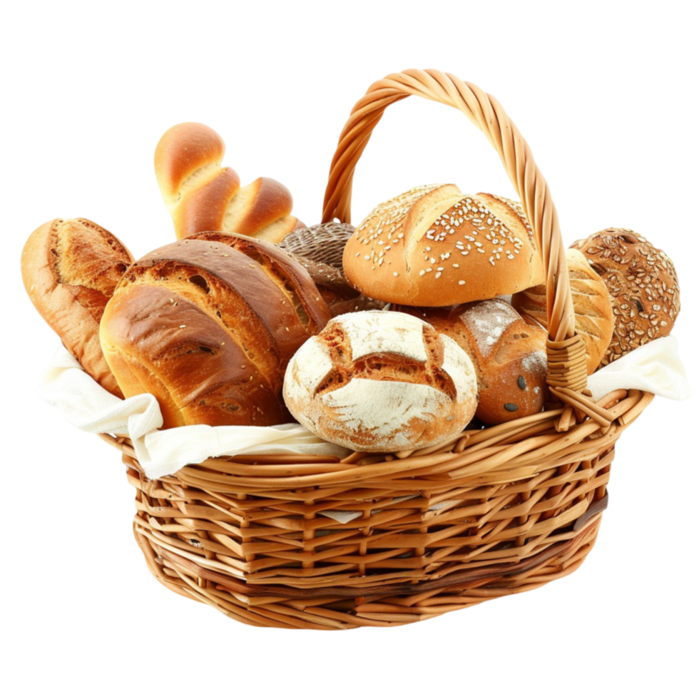 Brown Woven Basket Filled with Various Types of Bread on White Cloth on Transparent background AI-Generative png