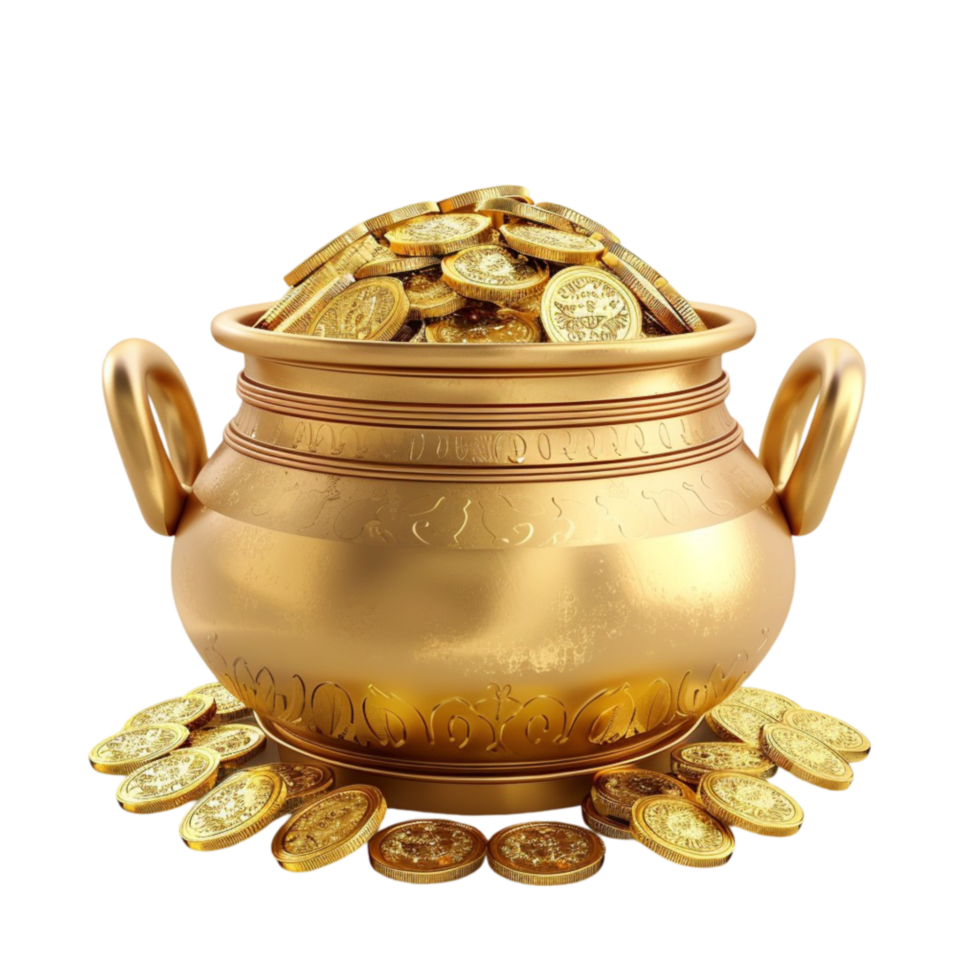 Gold Coins in Pot Isolated on Transparent background AI-Generative png