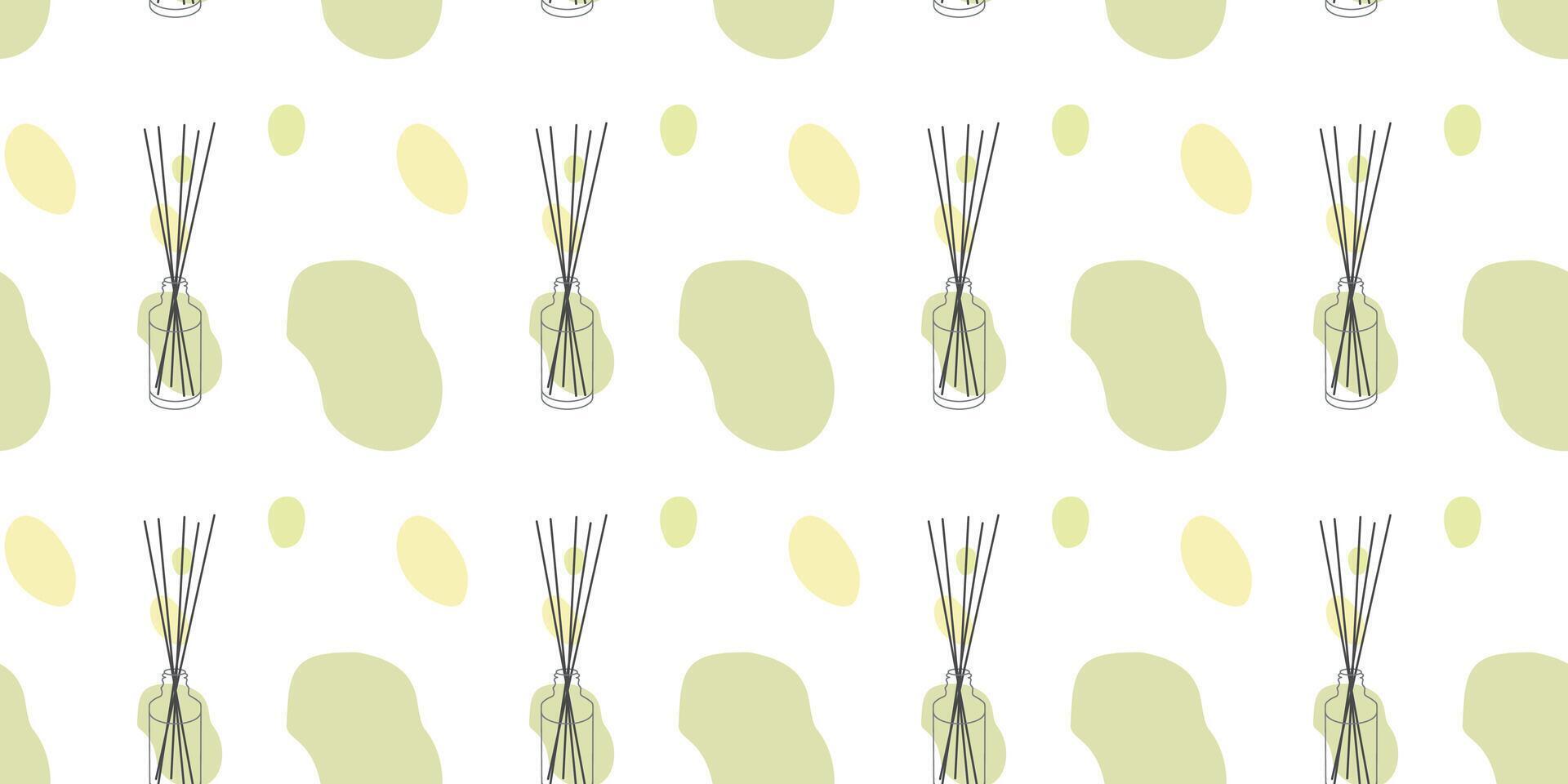 Home fragrances Seamless pattern, Glass bottles with aroma Bamboo sticks, Loop background with perfumes for home, flat linear design Diffusers isolated on white. Aromatherapy concept illustration vector