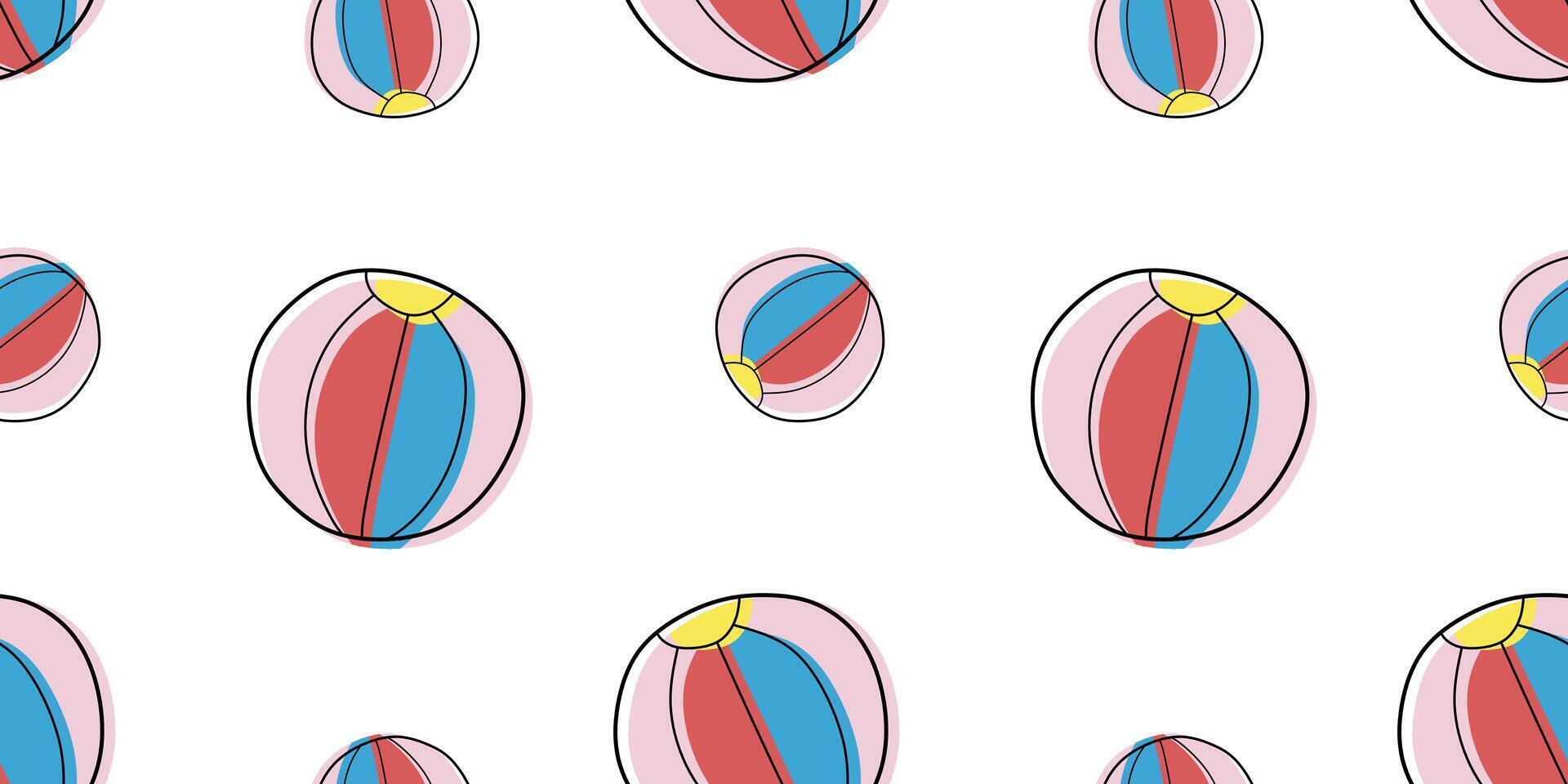 Seamless pattern with colorful beach balls on white background. Baby pattern. Outline and Color Summer toy Template for Print, Fabric, Textile, Clothes, Wallpaper. Linear illustration Graphic vector