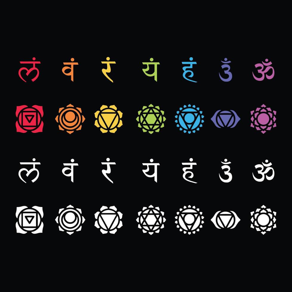 Seven human chakras set, flat colorful icons, muladhara, svadhishthana, manipura, anahata, vishuddha, ajna, sahasrara vector