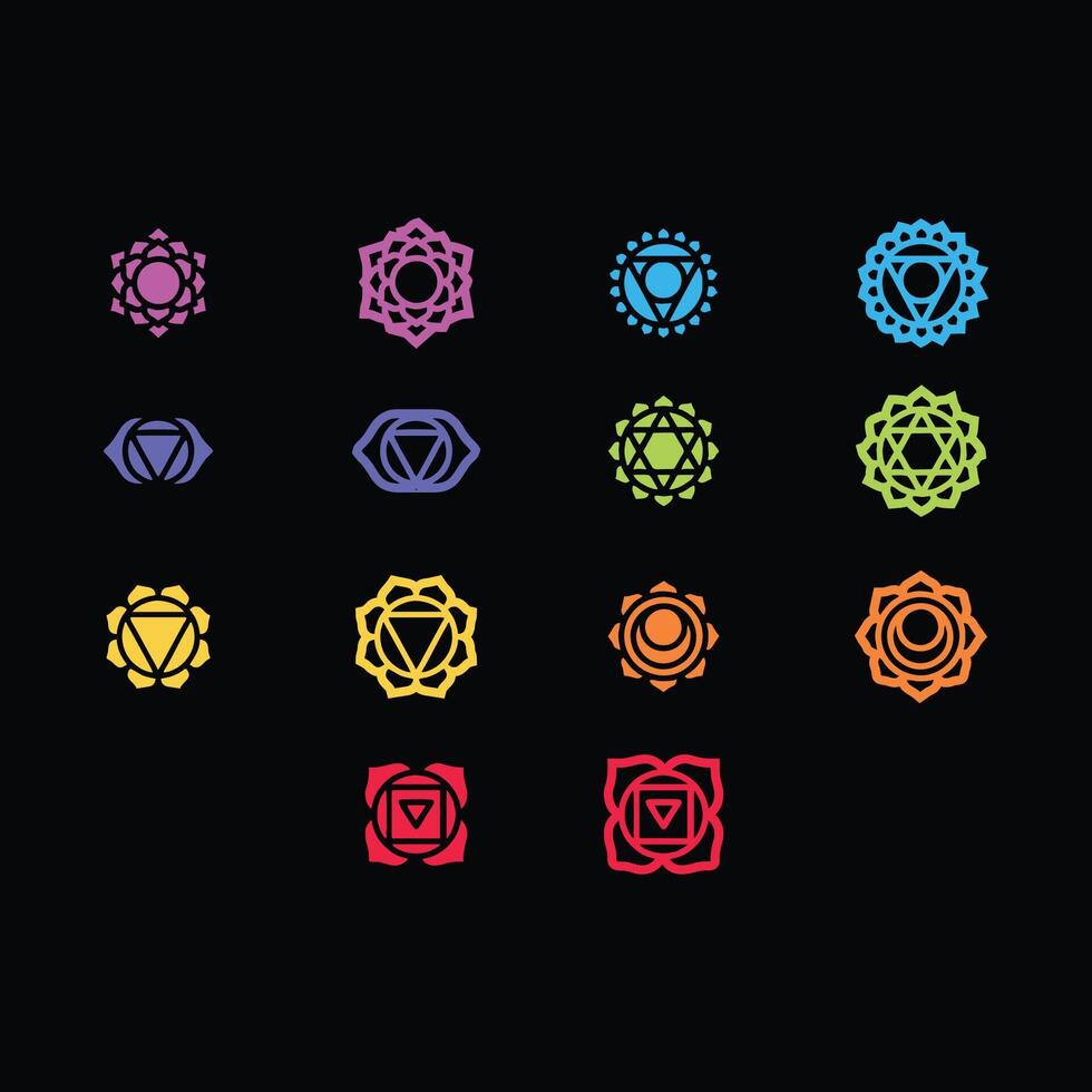 Seven human chakras set, flat colorful icons, muladhara, svadhishthana, manipura, anahata, vishuddha, ajna, sahasrara vector
