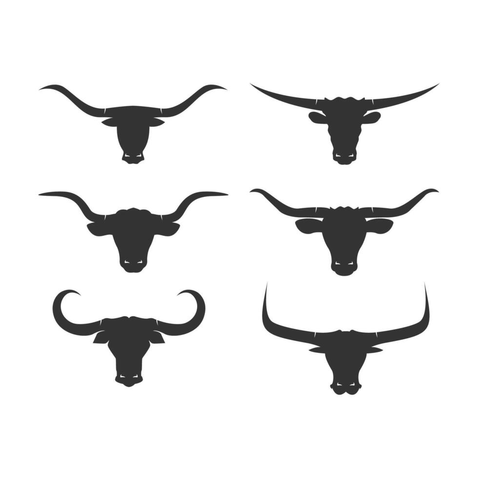 Bull head icon set. Bullhead silhouette long horn template vector