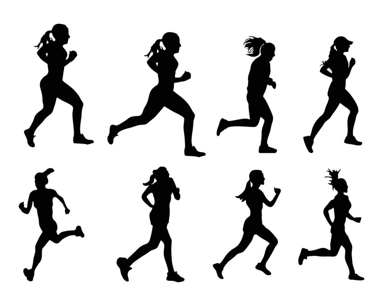 set of isolated running women silhouettes vector