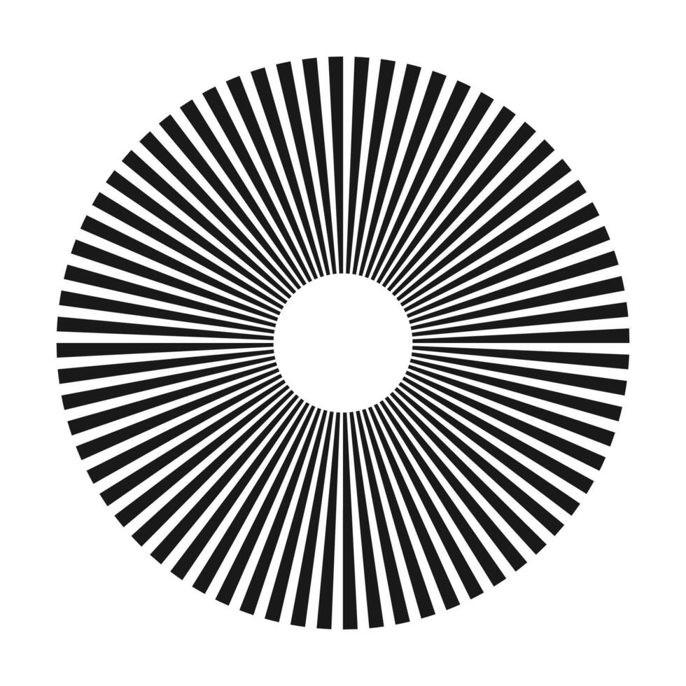 Rays, beams element. Sunburst, starburst shape on white. Radiating, radial, merging lines. Abstract circular geometric shape vector