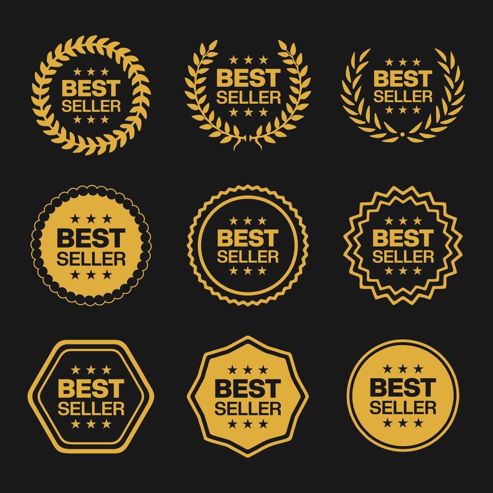 Bestseller logo label tag design template for top sales, gold award round stamp, sticker with ribbon, stars and best seller text vector