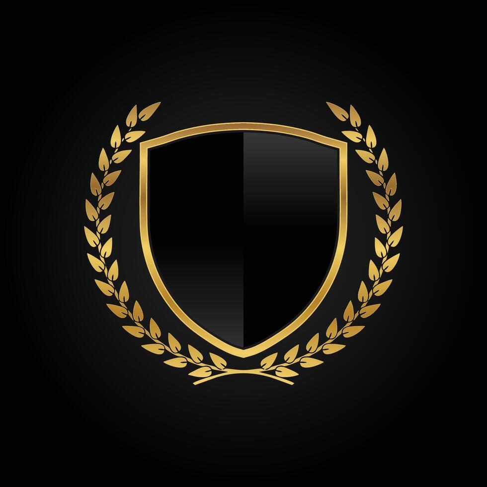 Realistic black glass shield with golden wreath vector