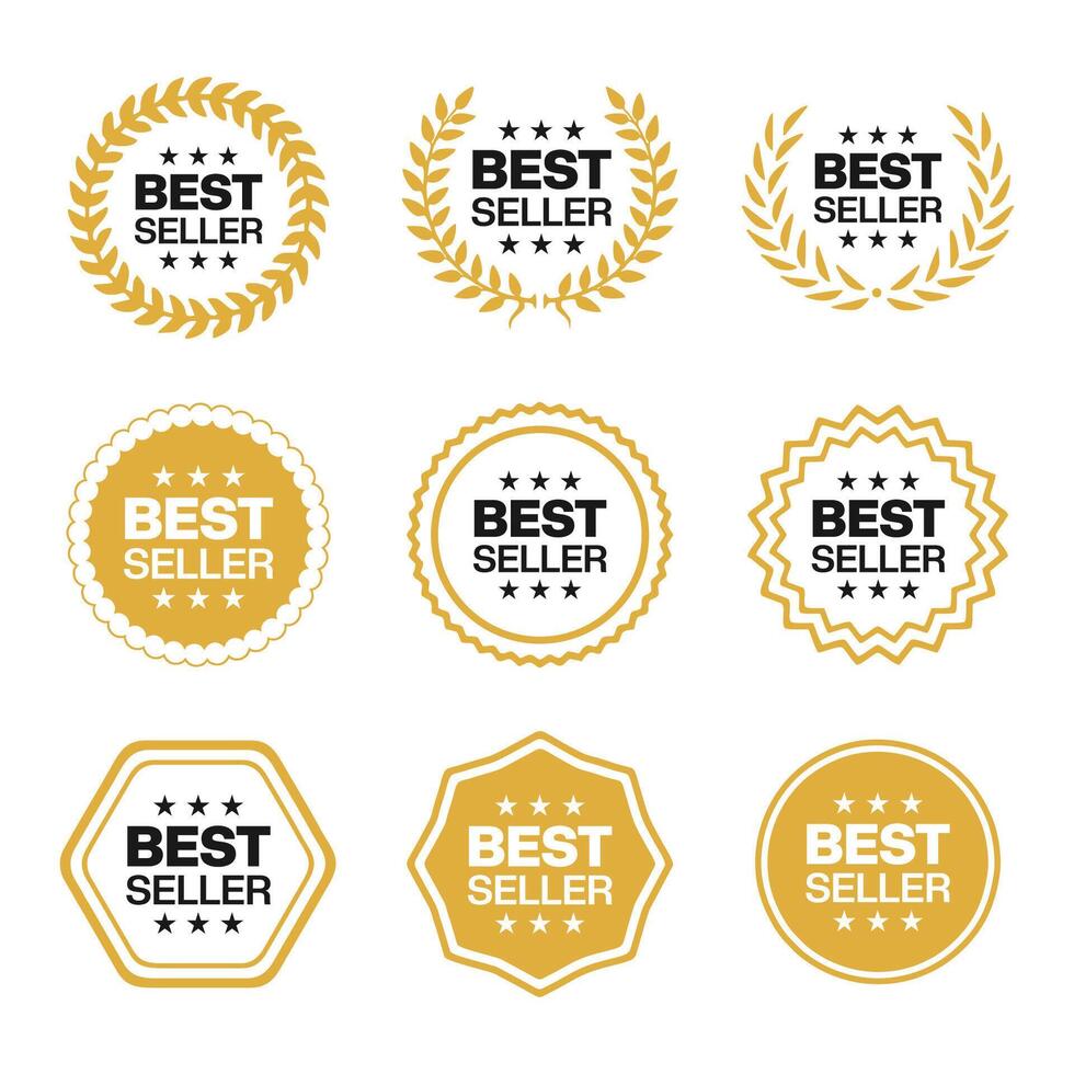 Bestseller logo label tag design template for top sales, gold award round stamp, sticker with ribbon, stars and best seller text vector
