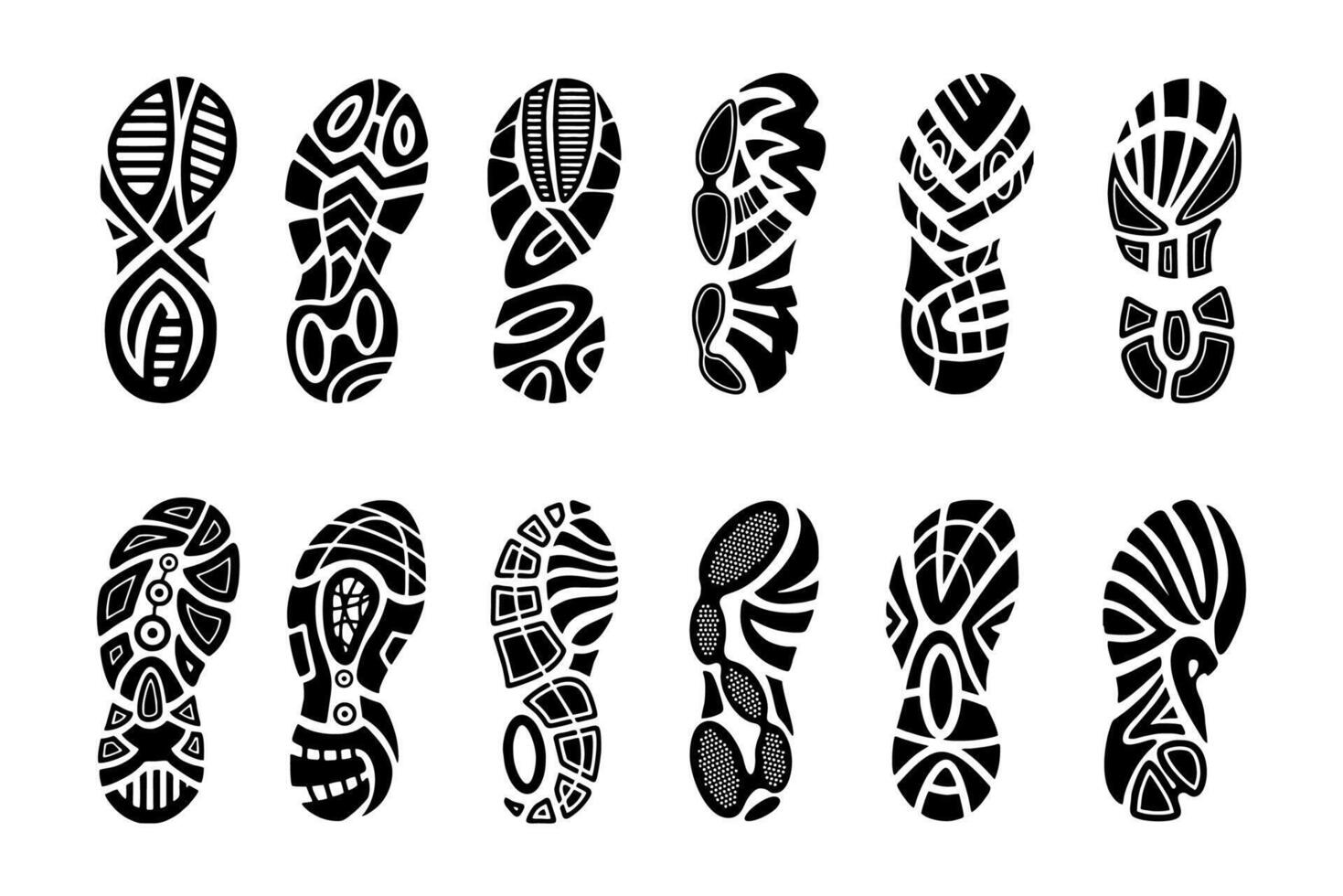 Footprints human shoes silhouette isolated on white background. Shoe soles print. Foot print tread, boots, sneakers. Impression icon barefoot vector