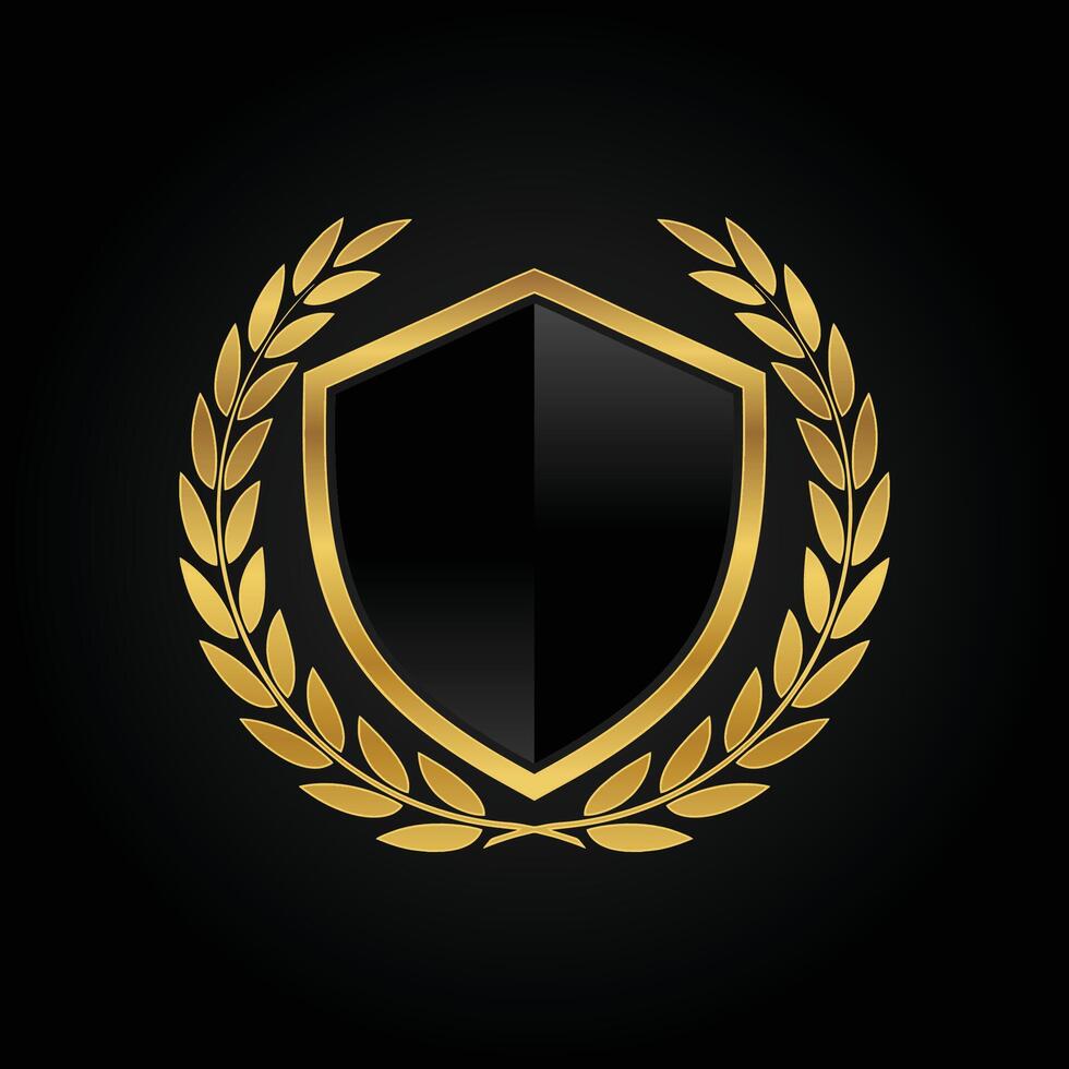 Realistic black glass shield with golden wreath vector