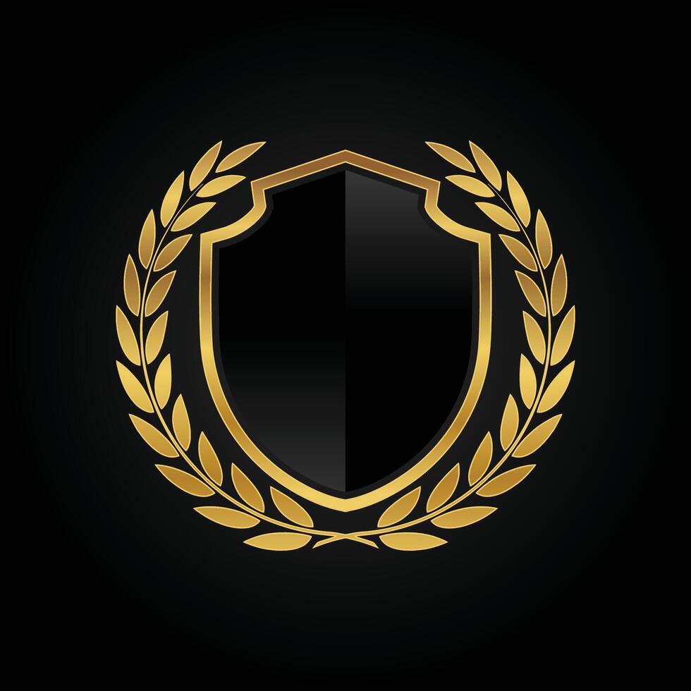 Realistic black glass shield with golden wreath vector