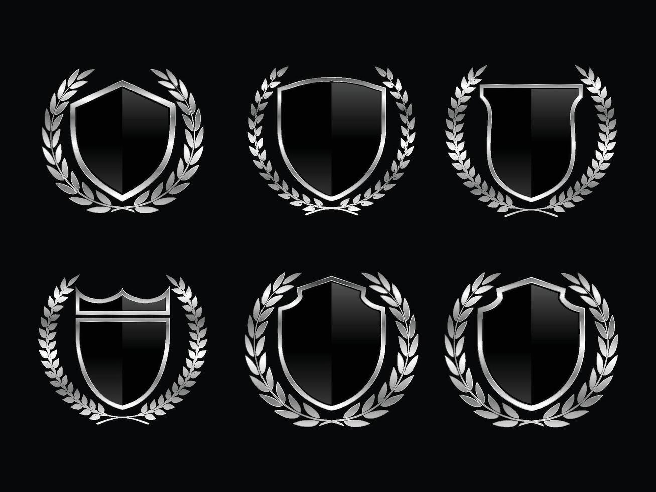 Set of black glass shield with metalic frame, metalic laurel wreath vector