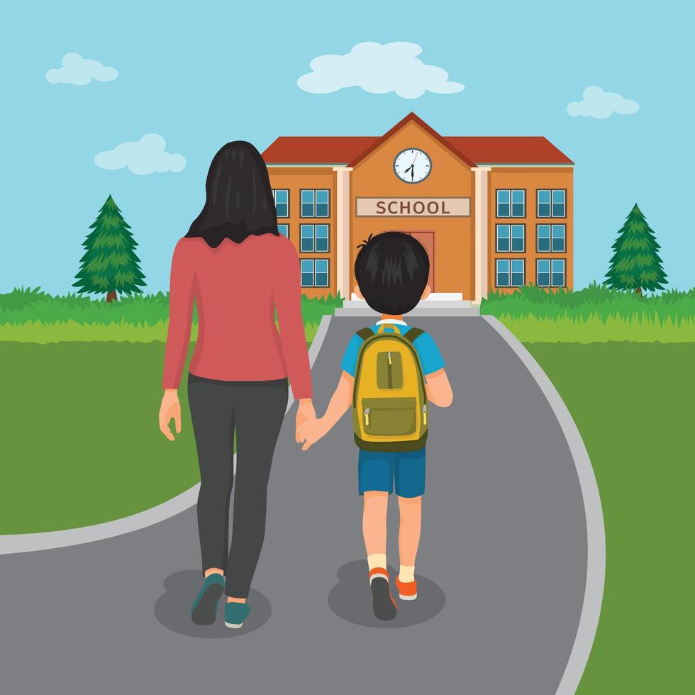 Back view little boy student with his mother walking go to school holding hands vector