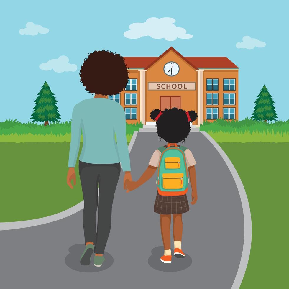 Back view little African girl student with her mother walking go to school holding hands vector