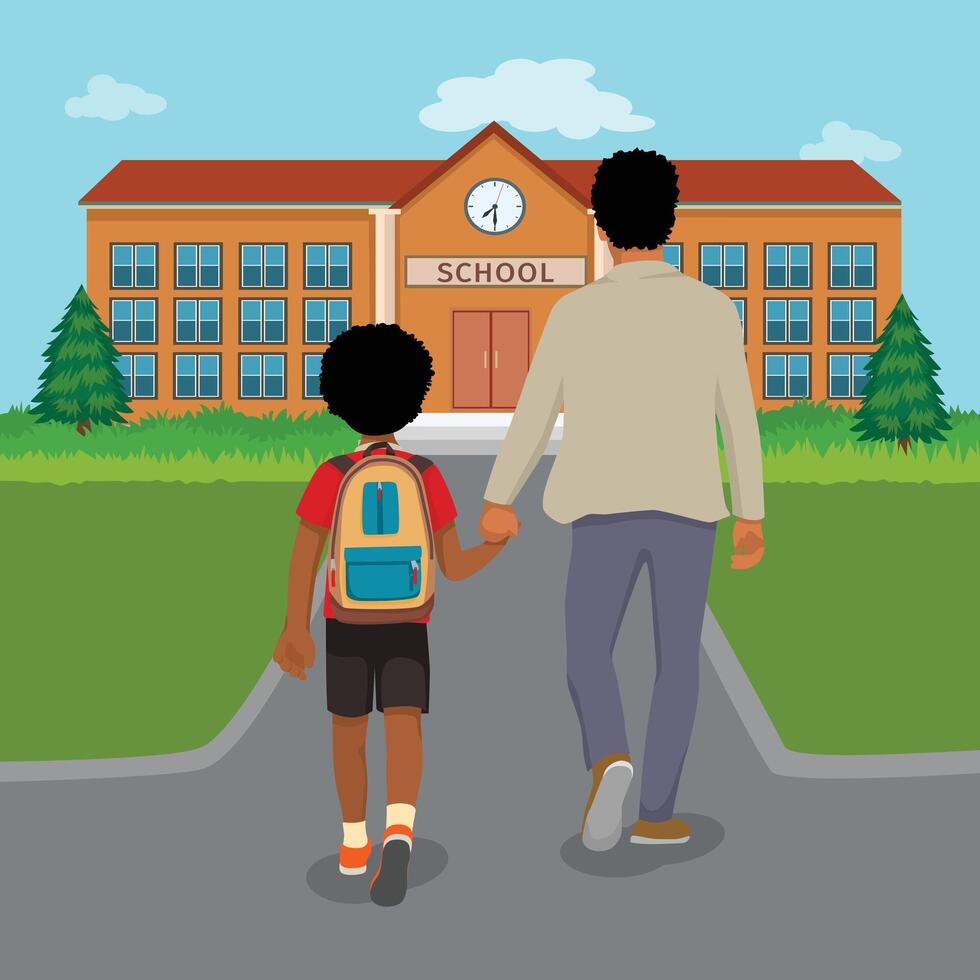 Back view little African boy student with his father walking go to school holding hands vector