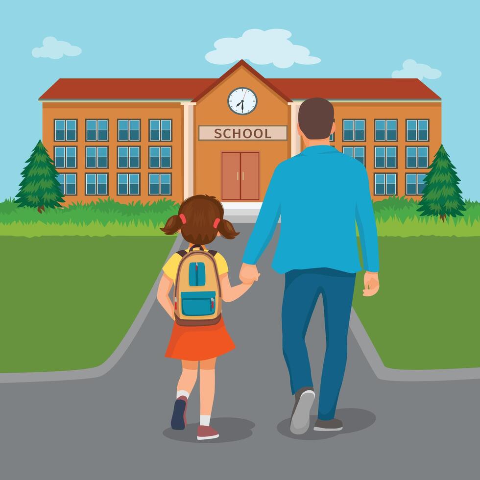 Back view little girl student with her father walking go to school holding hands vector