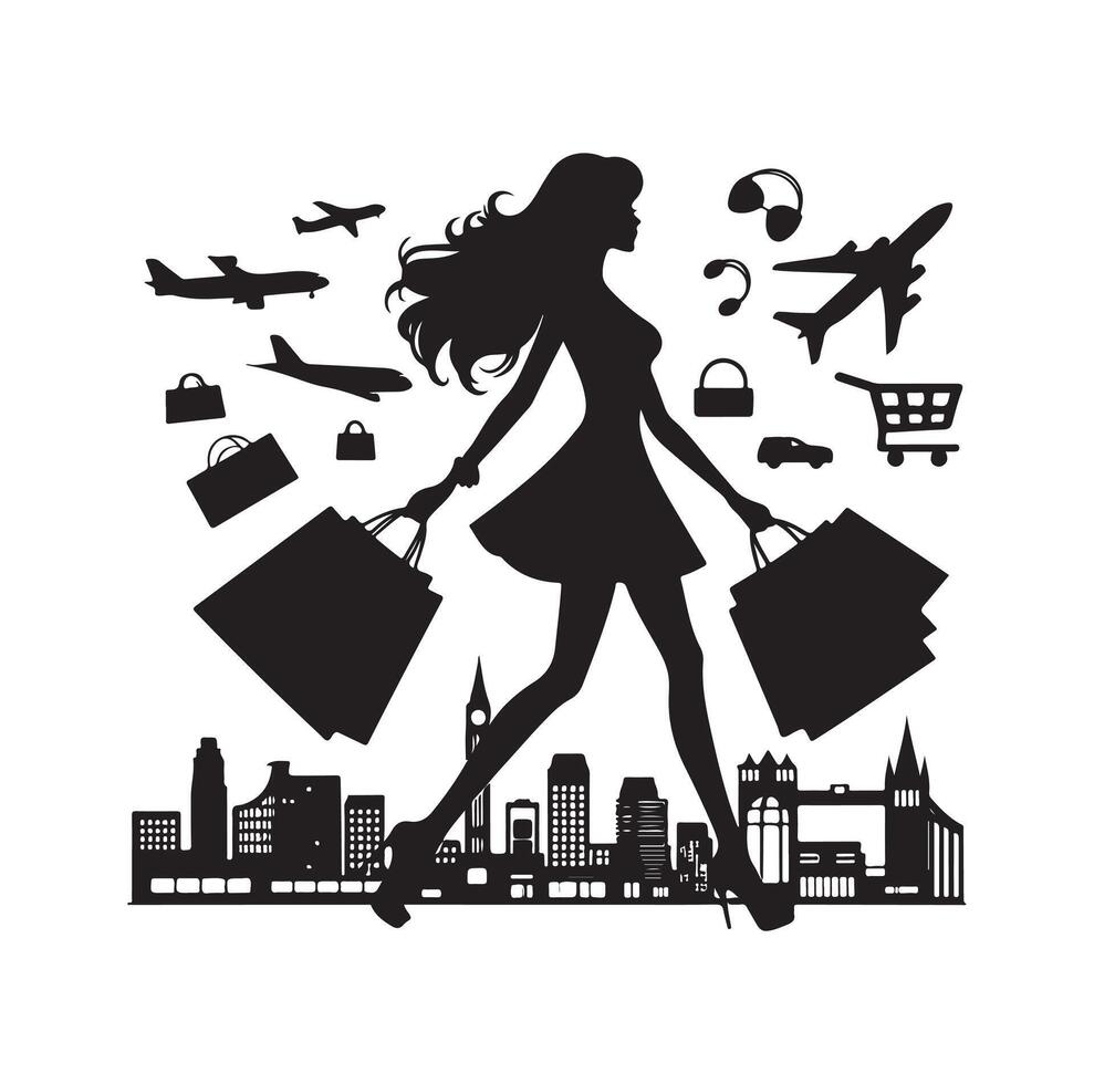 Shopping Girl silhouette style on isolated white background vector