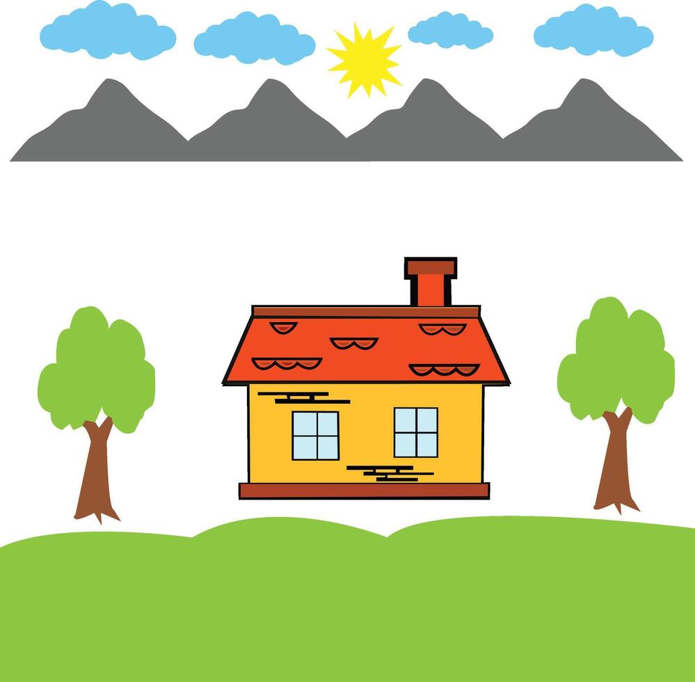 house ,scenery,tree, sun vector