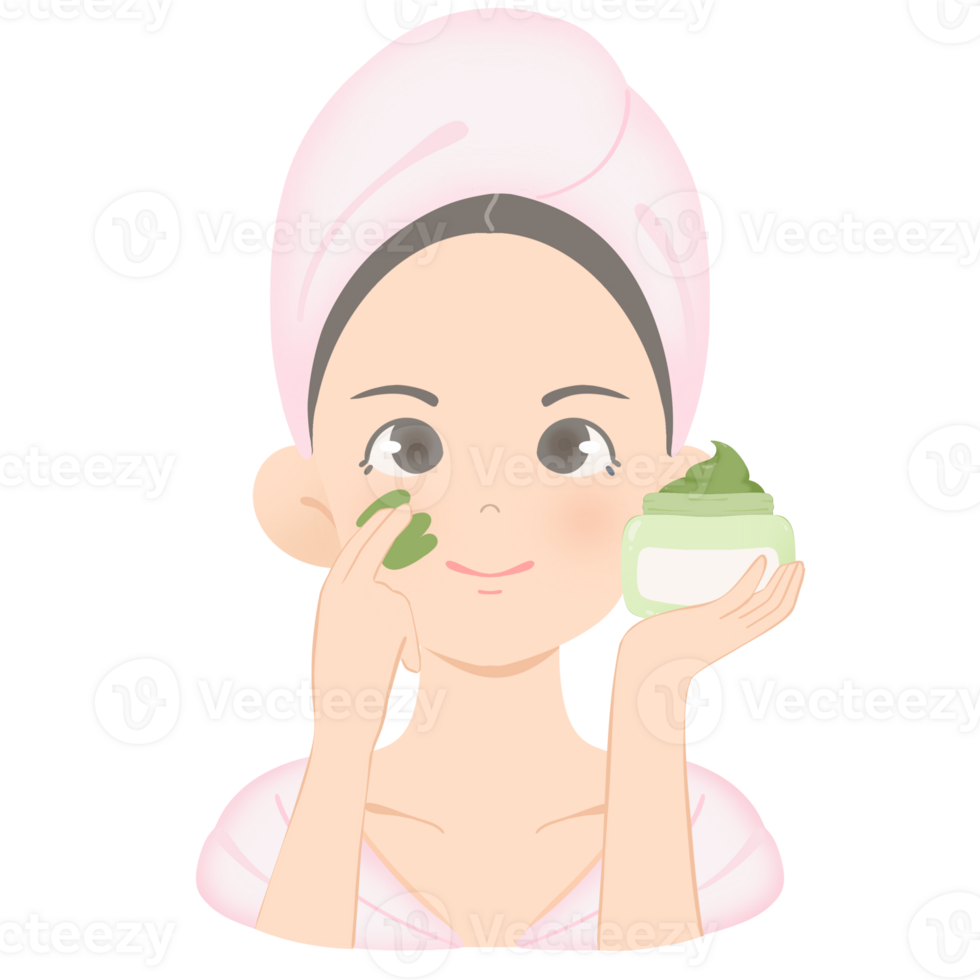 Illustration of girl applying face cream png