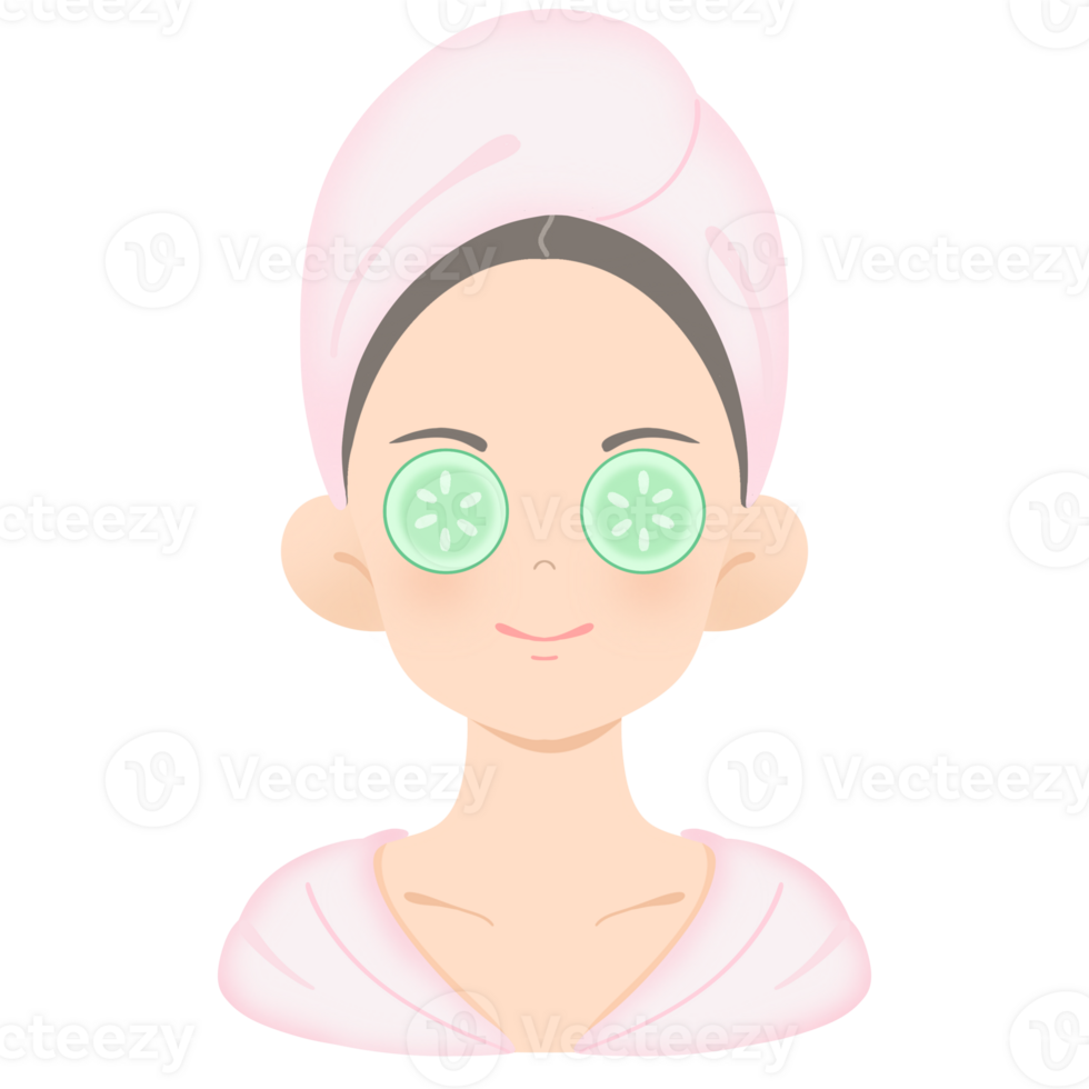 Illustration of a young woman applying an eye mask with cucumber png