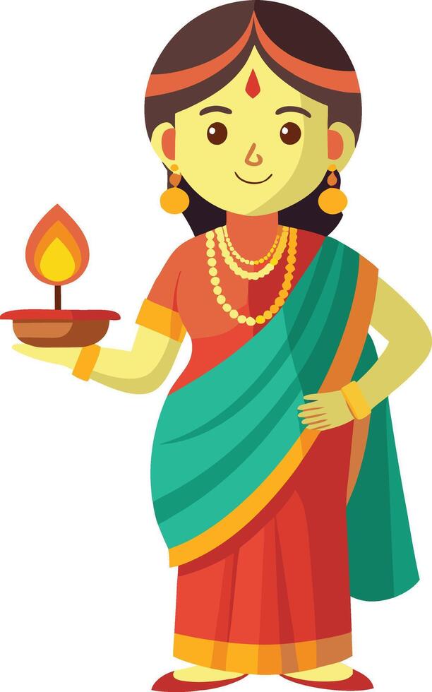 Indian woman wearing sari and carrying a lamp vector