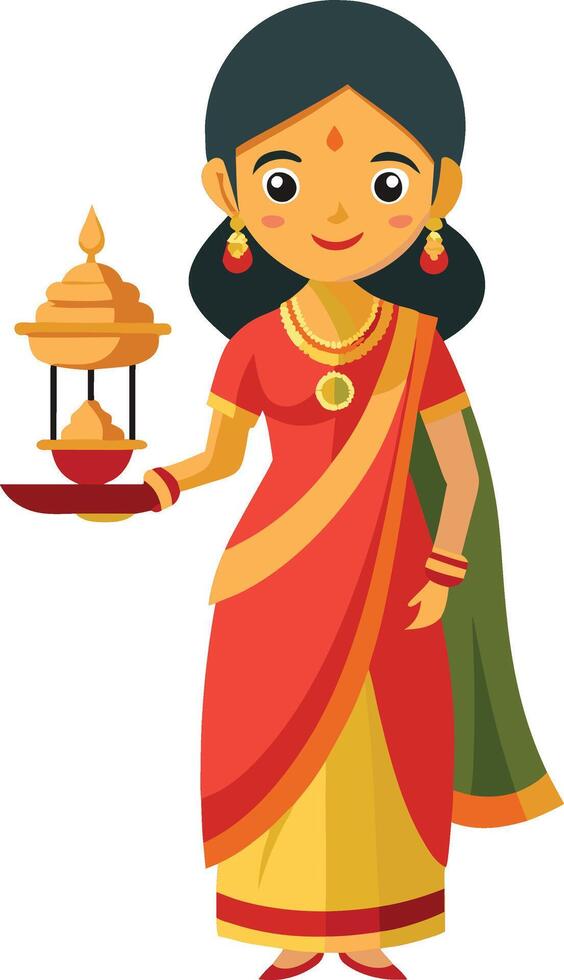 Indian woman wearing sari and carrying a lamp vector