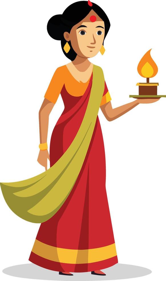 Woman in traditional Indian attire holding a decorative oil lamp vector