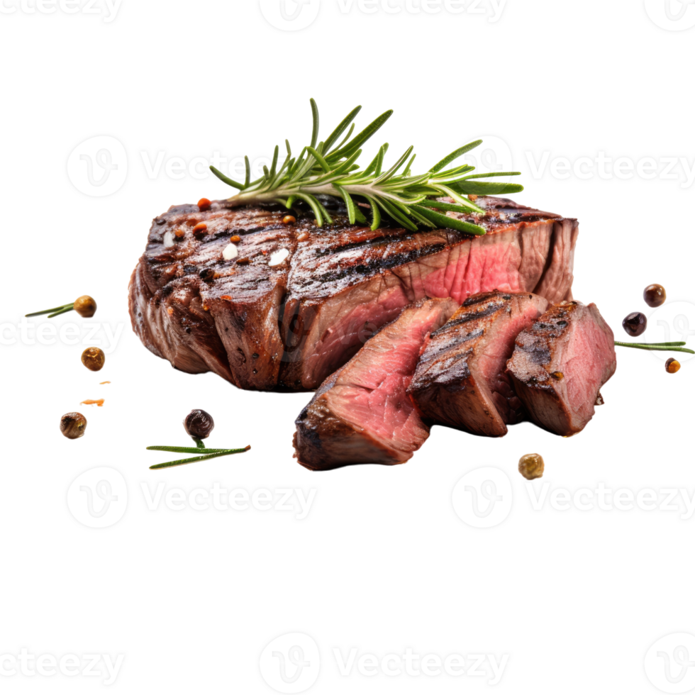 BBQ grill with flames, cooking juicy delicious beef meat with herbs without background, steak cooking on fire with vegetables . png