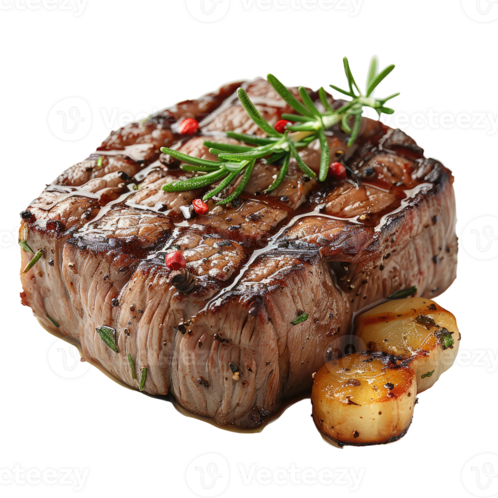 BBQ grill with flames, cooking juicy delicious beef meat with herbs without background, steak cooking on fire with vegetables . png