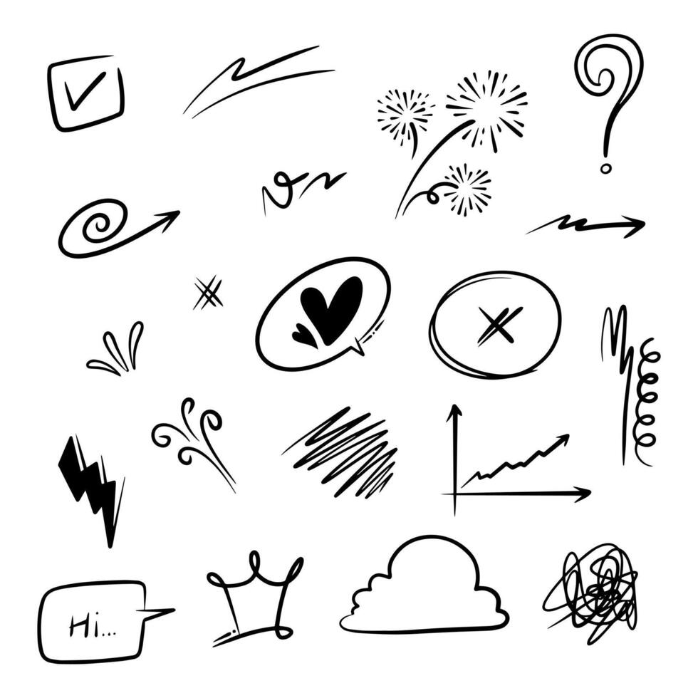 Hand drawn collection of diamonds, paper boats, paper boats, question marks, check marks and more. vector