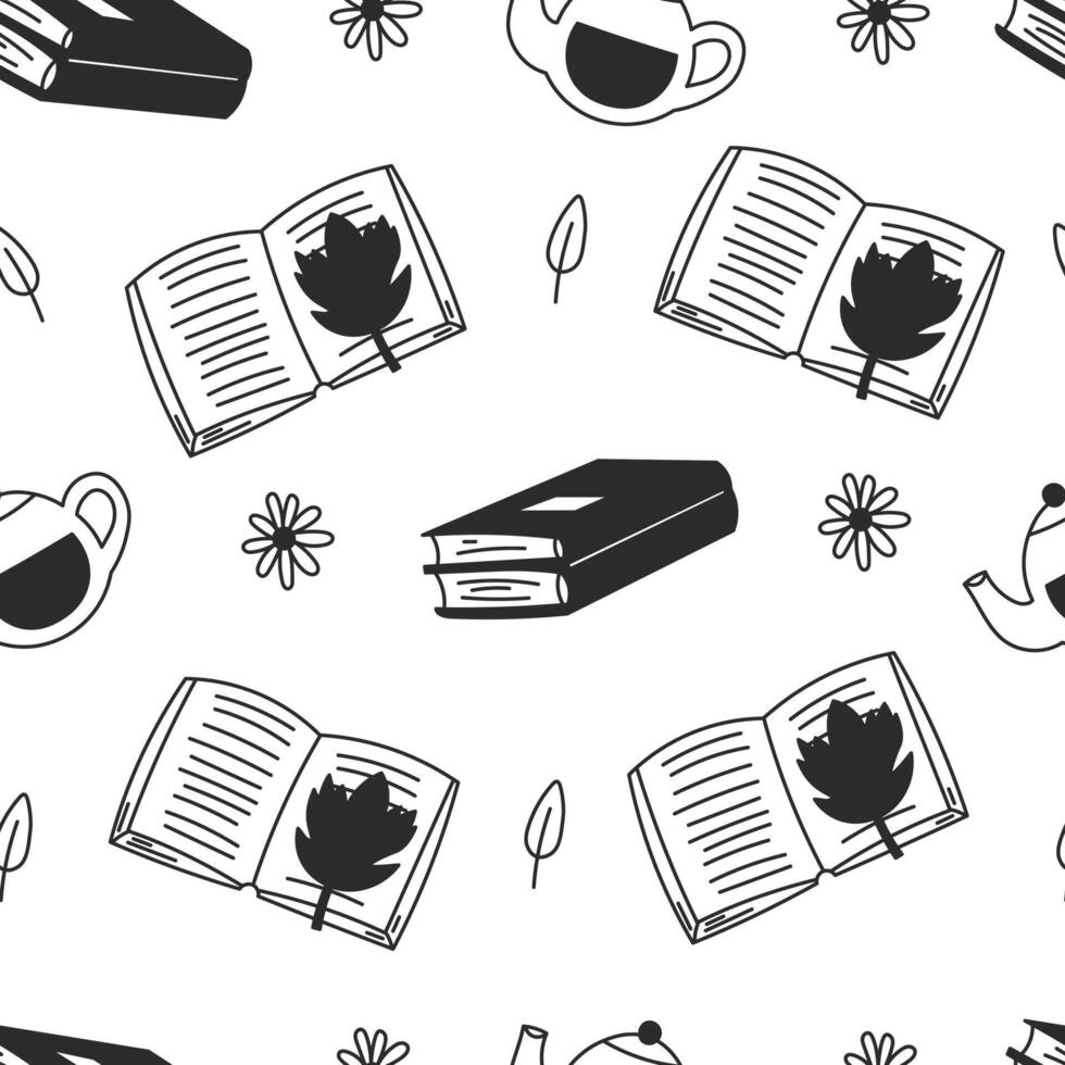Cozy Book and Tea Doodle Seamless Pattern vector