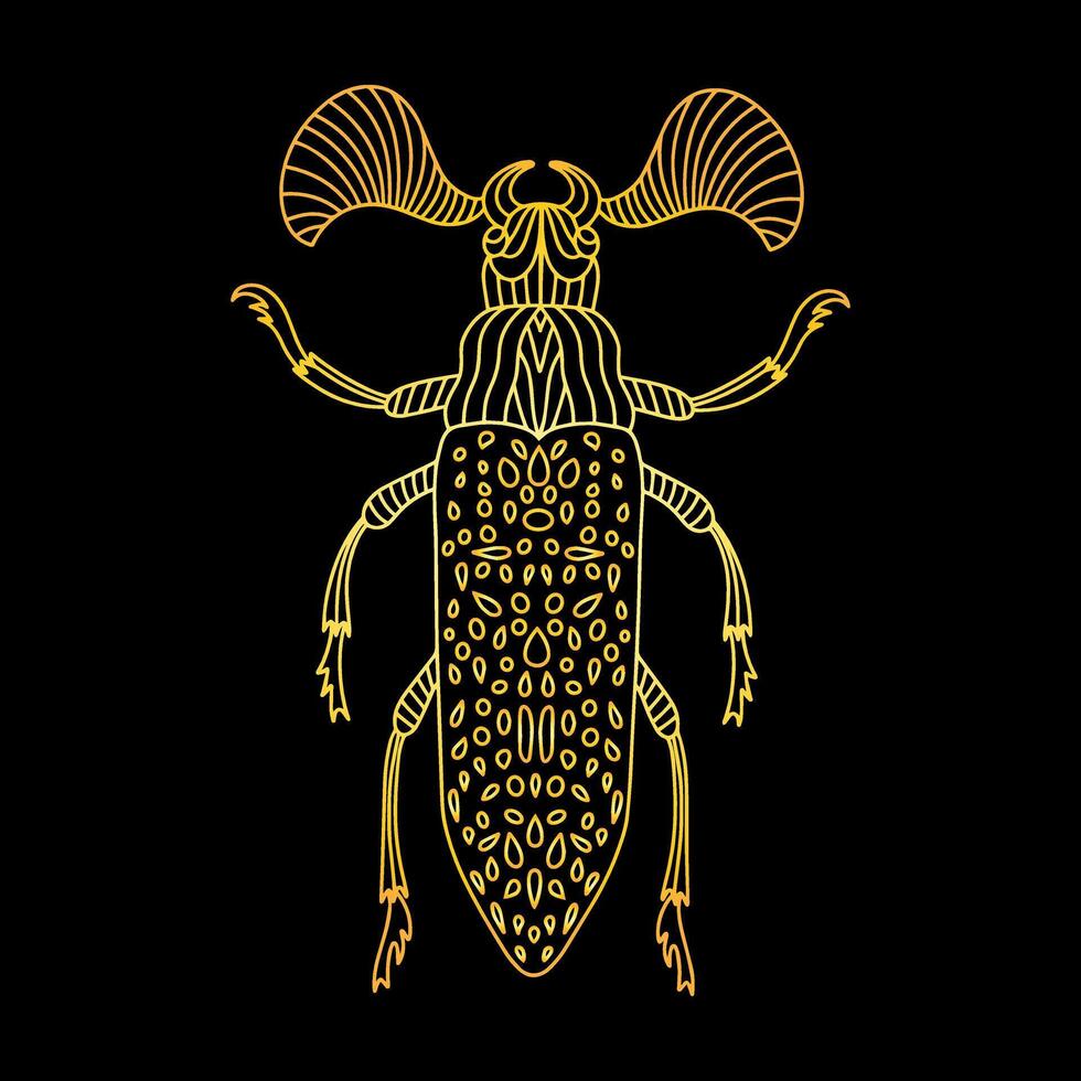 A golden beetle in a linear style. Linear illustration vector