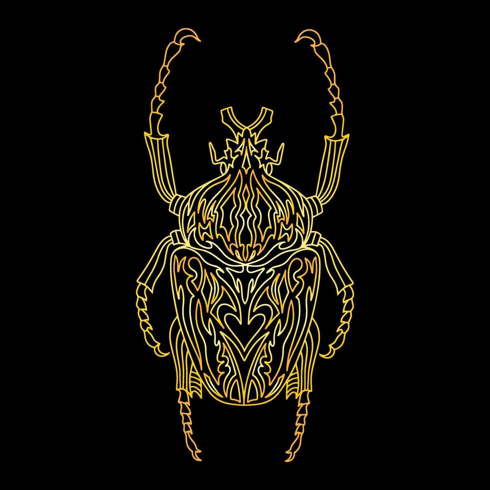 A golden beetle in a linear style. Linear illustration vector