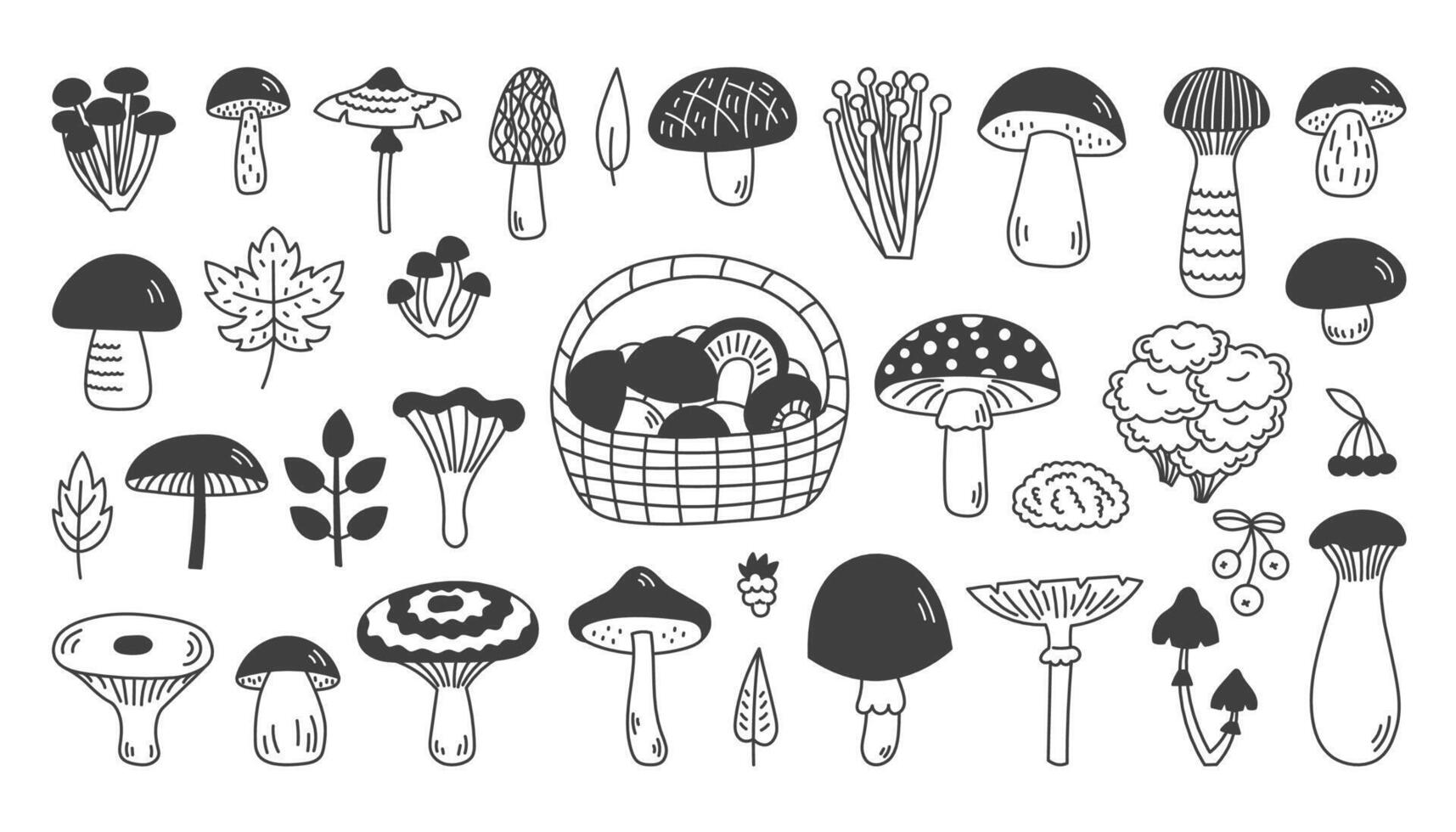 Forest Mushrooms Doodle Icons Set vector