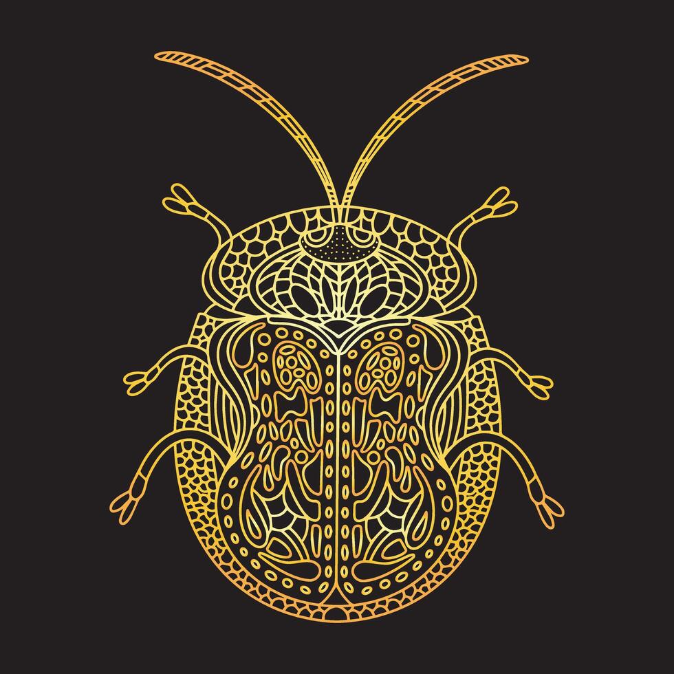 A golden beetle in a linear style. Linear illustration vector