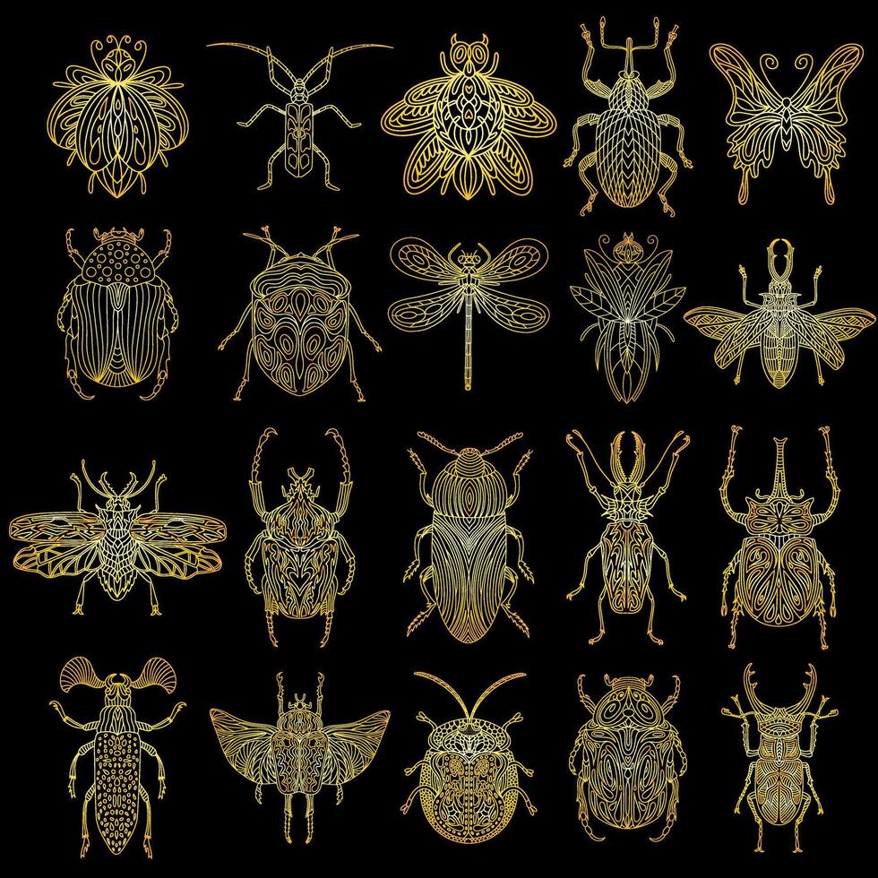 A collection of golden beetles in a linear style. Linear illustration vector