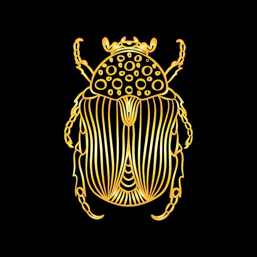 A golden beetle in a linear style. Linear illustration vector