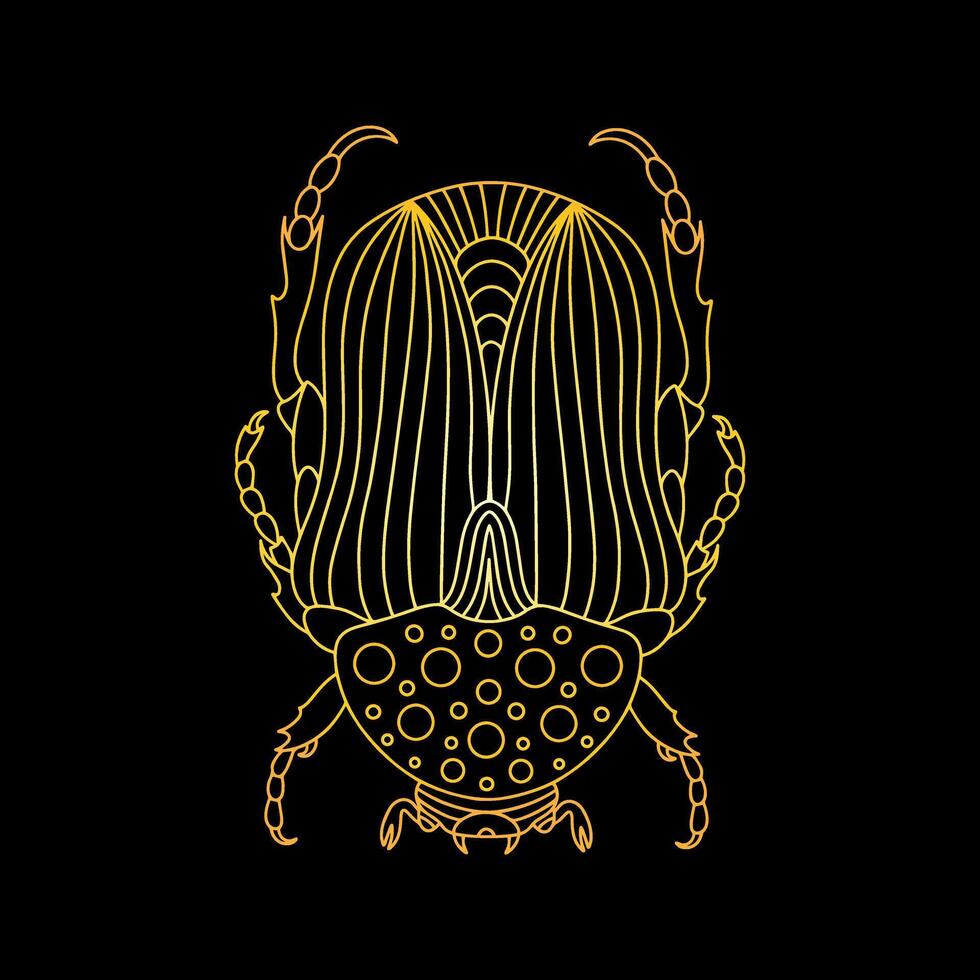 A golden beetle in a linear style. Linear illustration vector