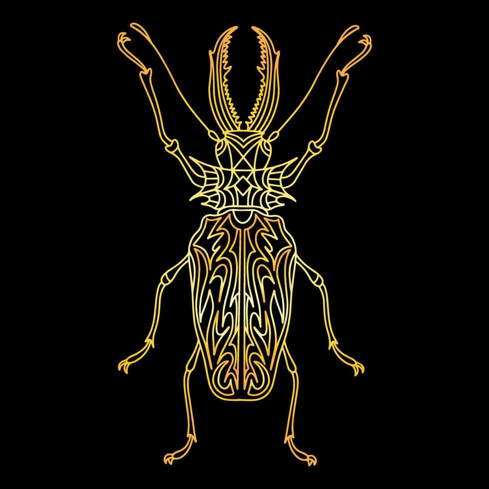 A golden beetle in a linear style. Linear illustration vector