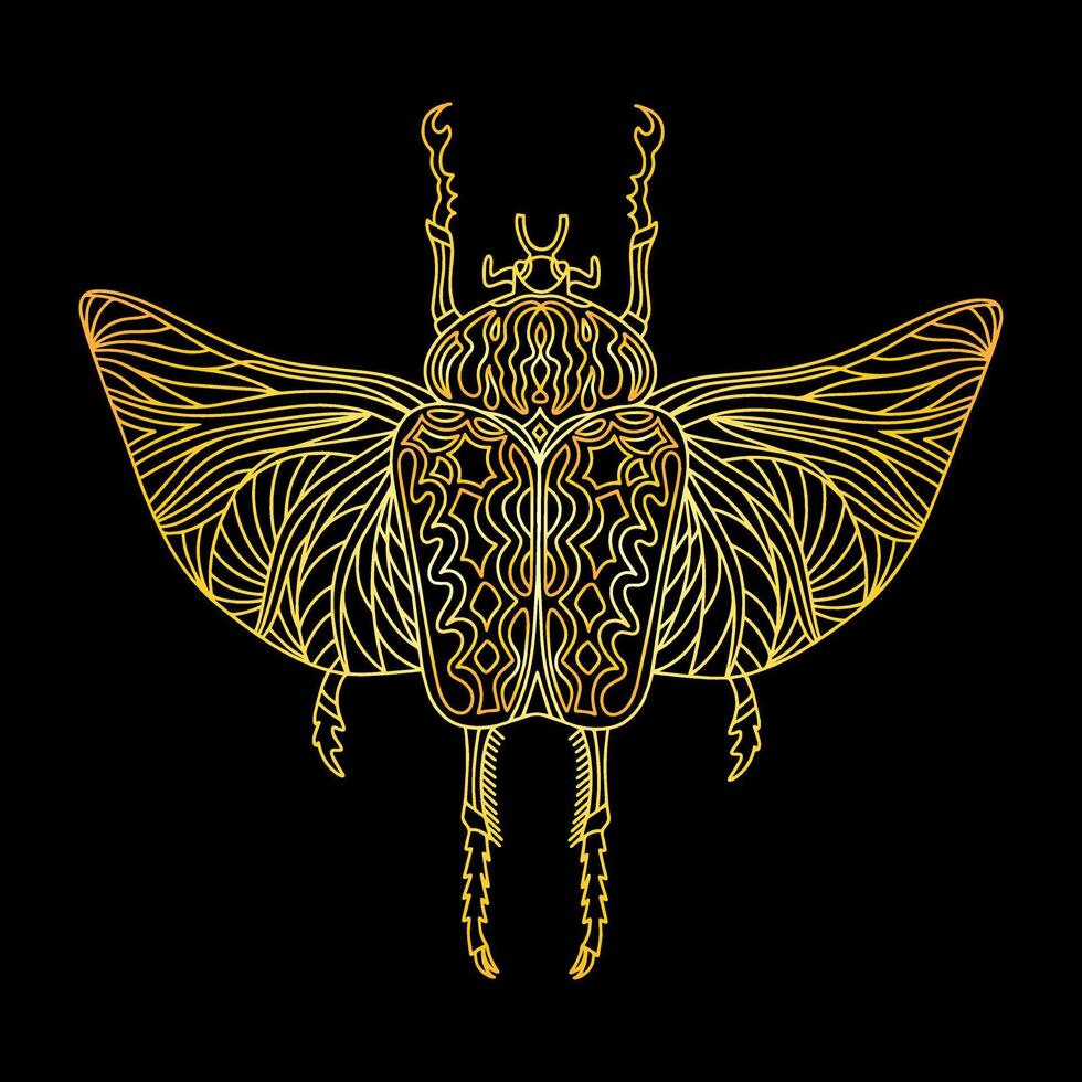 A golden beetle in a linear style. Linear illustration vector