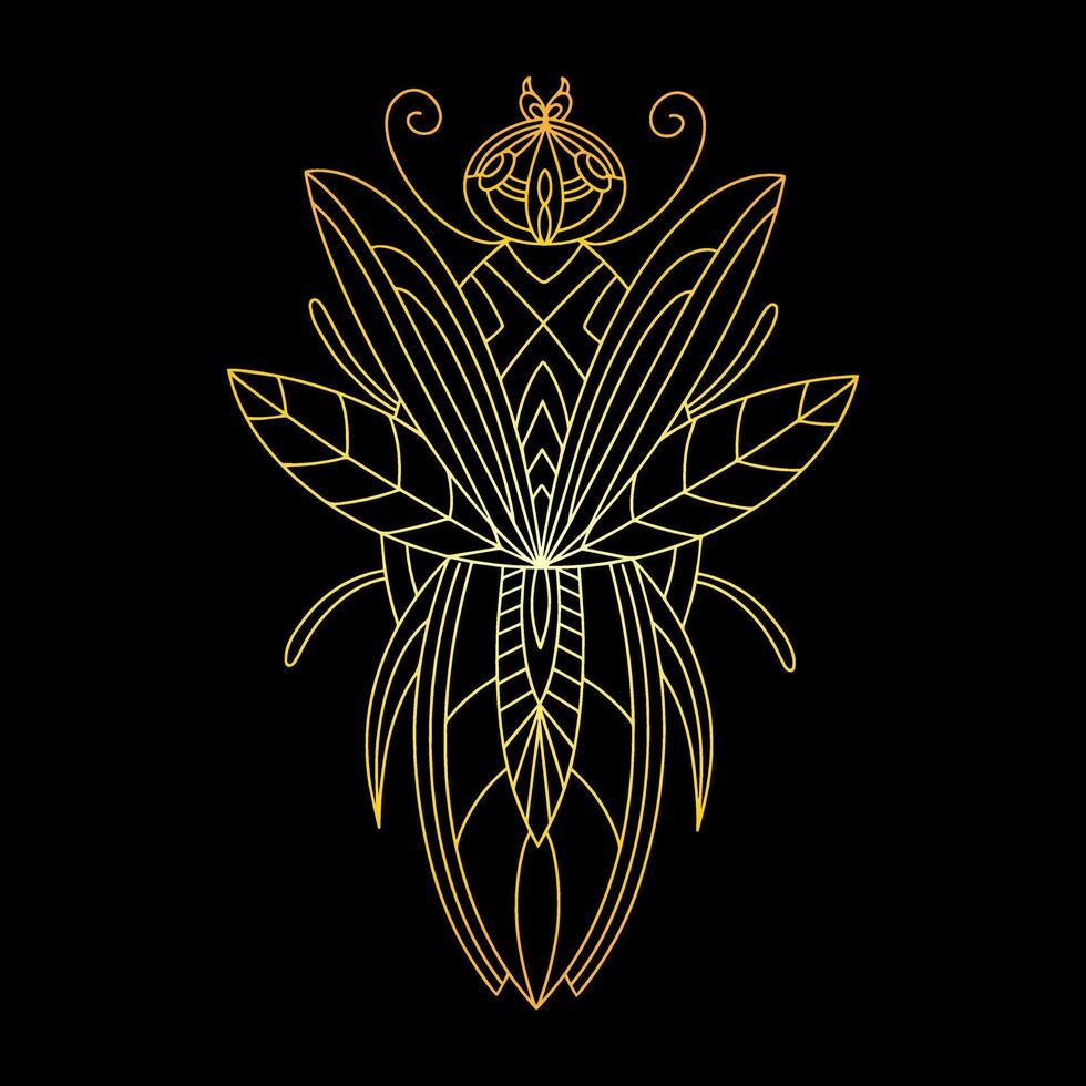 A golden beetle in a linear style. Linear illustration vector