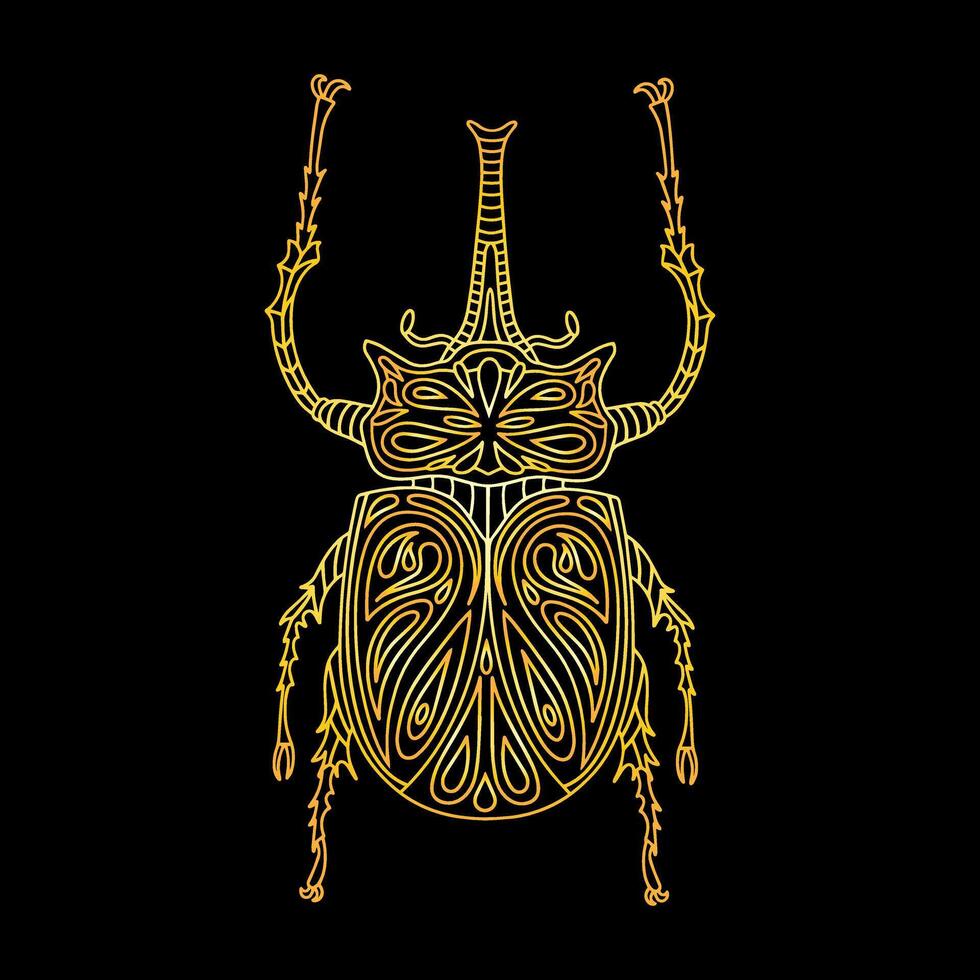 A golden beetle in a linear style. Linear illustration vector